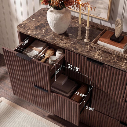 Hvoonc 54.5" Wide 7 Drawer Dresser for Bedroom, Faux Marble Top Walnut Storage Cabinet with 2" Thick Side Board