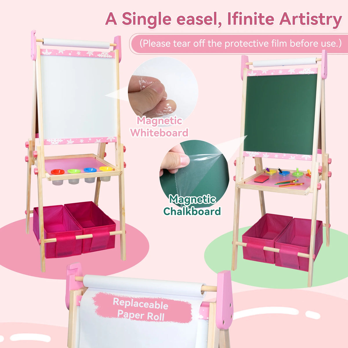 SaveJoy Kids Art Easel 3-in-1 Wooden Double Sided ,Magnetic Whiteboard, Adjustable Standing Drawing Board with Accessories for Boys & Girls,Pink