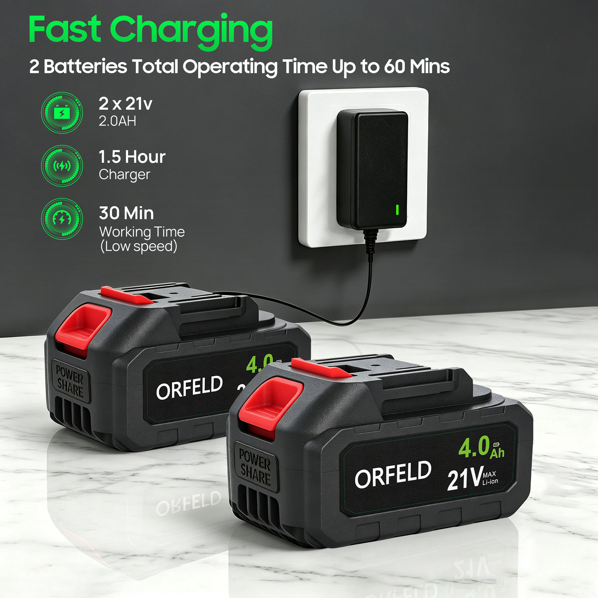 ORFELD 21V Cordless Swivel Leaf Blower, Electric Blower with 80mm Outlet, 2×4.0Ah Batteries & Charger, 3-Speed Modes, Portable Blower for Lawn, Leaf, Patio & Dust Cleaning