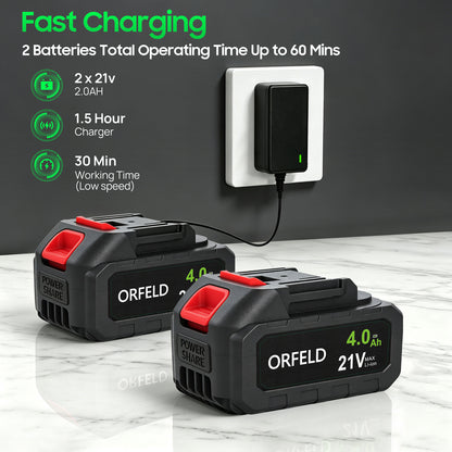 ORFELD 21V Cordless Swivel Leaf Blower, Electric Blower with 80mm Outlet, 2×4.0Ah Batteries & Charger, 3-Speed Modes, Portable Blower for Lawn, Leaf, Patio & Dust Cleaning