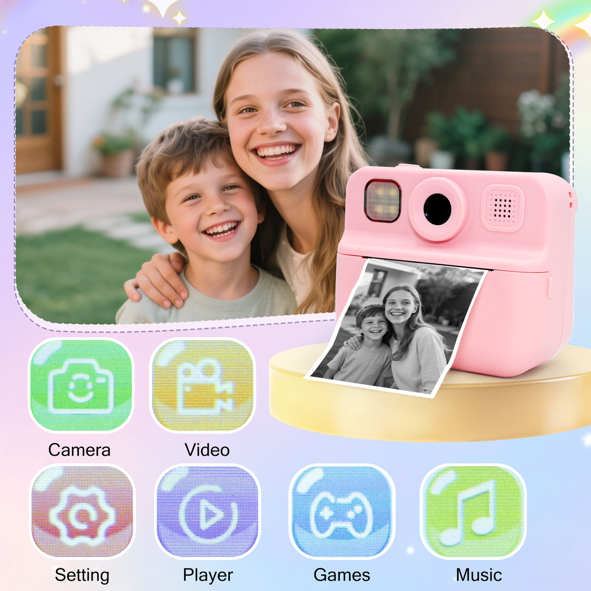 SaveJoy Kids Camera Instant Print, 1080P Digital Camera with 32G Card & Color Paper, Cartoon Gift for Boys Girls Ages 3-12