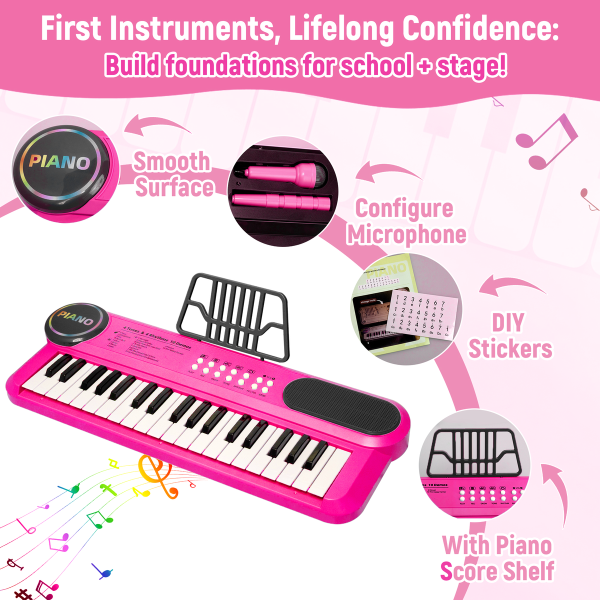 SaveJoy Rose Pink Piano for 1-4 Year Old Kids, 37 Keys Electronic Keyboard Music Toy with Microphone & Stand, Portable Musical Gift for Toddlers
