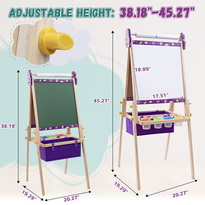 SaveJoy Kids Art Easel, Wooden 3-in-1 Double-Sided Adjustable Easel with Accessories, Purple, Ages 3+