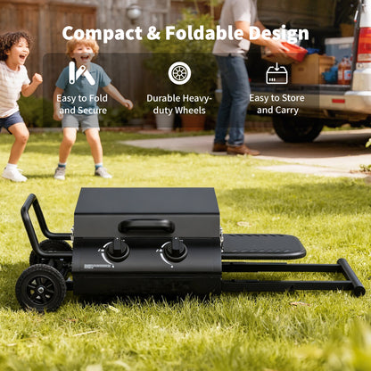 Hvoonc Portable Propane Gas Grill,17000BTUs Foldable Barbecue Grill with 2-Burner,Outdoor Grill for Backyard, Camping and Picnics,Black