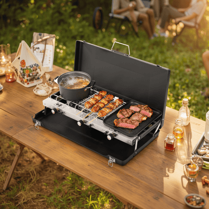 SaveJoy Gas Grill, 3 Burner Camping Stove Propane Cooker for Outdoor, Case BBQ Grill w/ Hose Tank Adapter