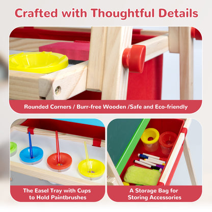 SaveJoy 3-in-1 Wooden Double Sided Kids Art Easel,Adjustable Standing Drawing Board with Accessories for Boys & Girls,Red