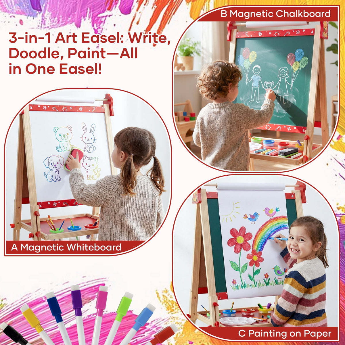 SaveJoy Kids Easel,Reindeer Adjustable Double-Sided Whiteboard,Wooden Toddlers Drawing Chalkboard with Paper & Art Supplies for 3-8 Boys Girls