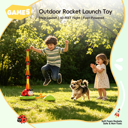 SaveJoy Kids Sports Toy 5-in-1, Outdoor Active Play Set with Rocket Launcher, Baseball & Toss Games, Musical Jump Toy for Ages 3-12