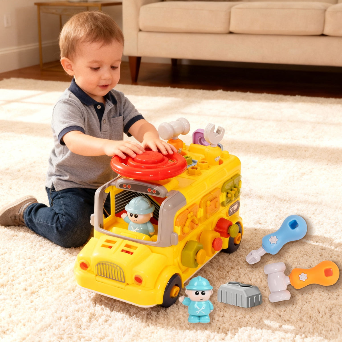 SaveJoy Baby Learning Toy Bus,Assemble Busy Toys Construction Building Vehicle,Engineering Truck Educational Gift for Kids Age 3＋