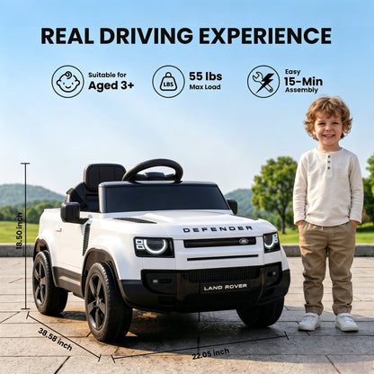 SaveJoy 12V Licensed Land Rover Defender Ride on Car, Electric Truck for Kids with 2.4G Remote Control, 3-Point Belt, Spring Suspension, Bluetooth, White
