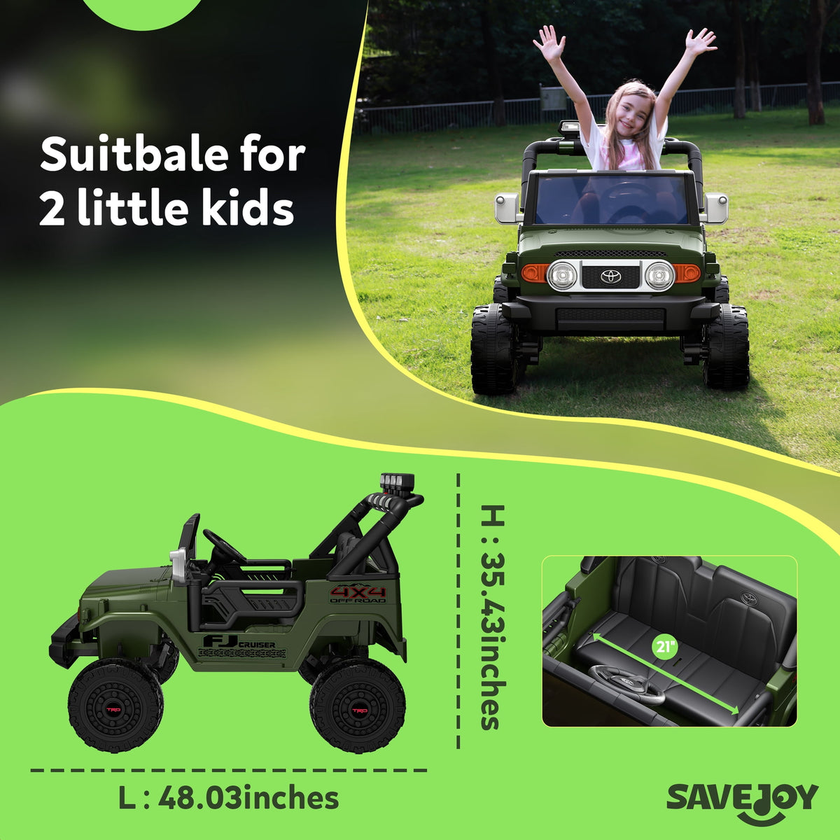 SaveJoy 24V 2 Seater Ride on Toys for Toddlers, TOYOTA FJ Electricos Cars for Kids with Remote Control