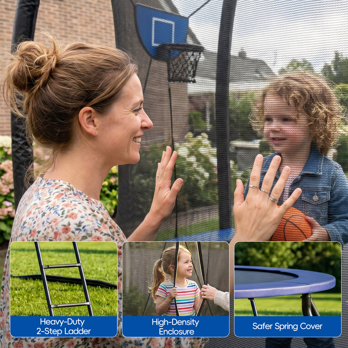 SaveJoy 8FT Trampolines for Kids with Safety Enclosure, Basketball Hoop & Lights, Kids Trampoline Indoor & Outdoor