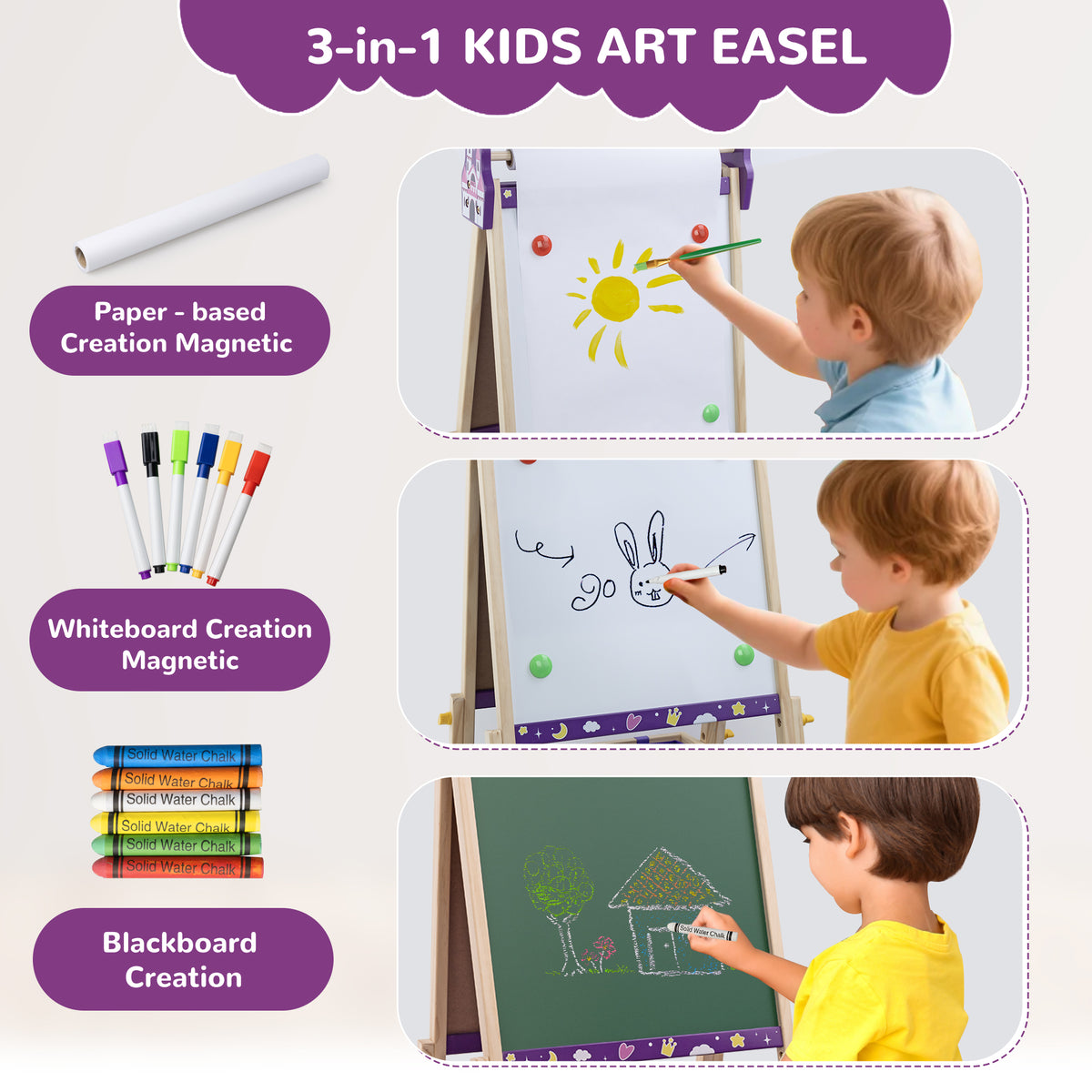 SaveJoy Kids Art Easel, Wooden 3-in-1 Double-Sided Adjustable Easel with Accessories, Purple, Ages 3+