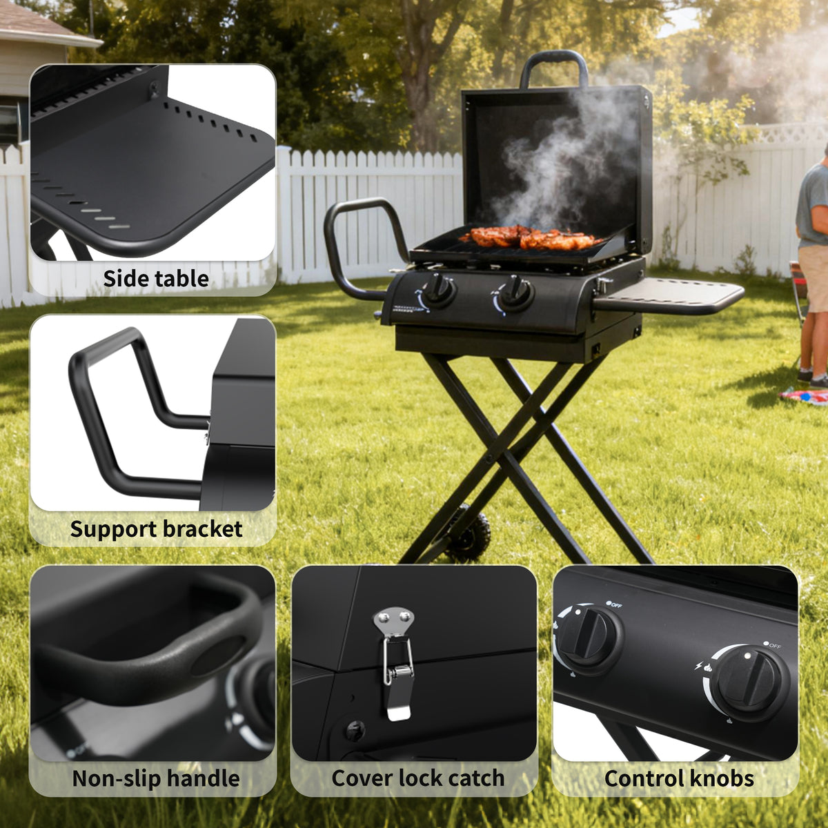 Hvoonc Portable Propane Gas Grill,17000BTUs Foldable Barbecue Grill with 2-Burner,Outdoor Grill for Backyard, Camping and Picnics,Black