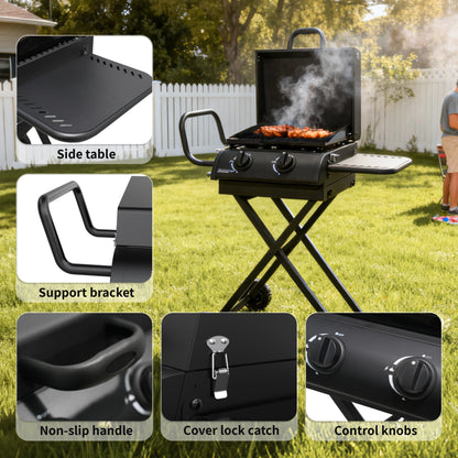 Hvoonc Portable Propane Gas Grill,17000BTUs Foldable Barbecue Grill with 2-Burner,Outdoor Grill for Backyard, Camping and Picnics,Black