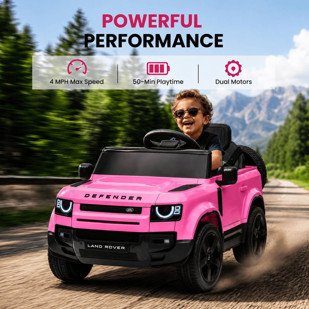 SaveJoy 12V Licensed Land Rover Defender Ride on Car, Electric Truck for Kids with 2.4G Remote Control, 3-Point Belt, Spring Suspension, Bluetooth, Pink