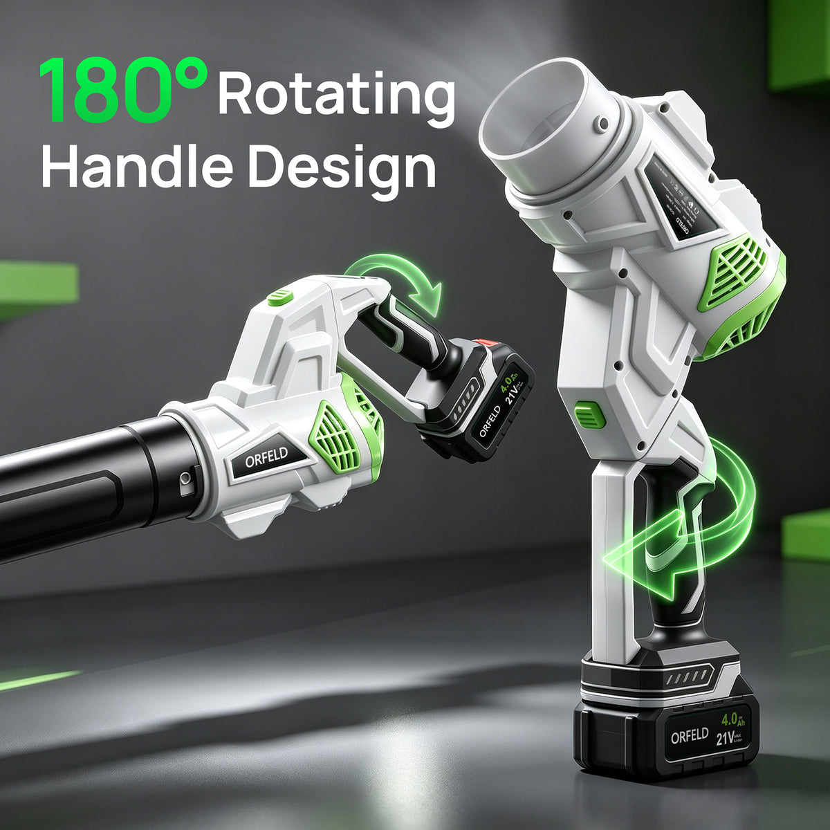 ORFELD 21V Cordless Swivel Leaf Blower, Electric Blower with 80mm Outlet, 2×4.0Ah Batteries & Charger, 3-Speed Modes, Portable Blower for Lawn, Leaf, Patio & Dust Cleaning
