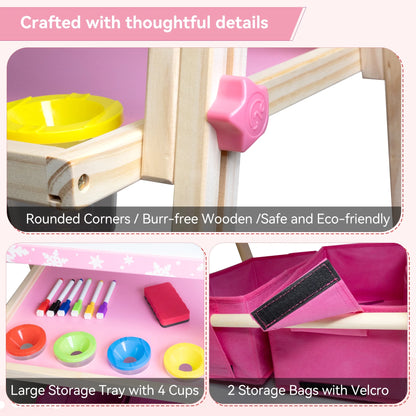SaveJoy Kids Art Easel 3-in-1 Wooden Double Sided ,Magnetic Whiteboard, Adjustable Standing Drawing Board with Accessories for Boys & Girls,Pink