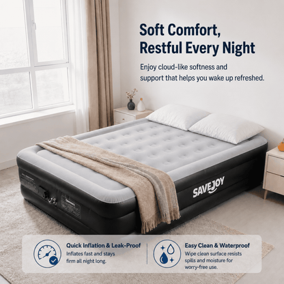 SaveJoy Queen Air Mattress with Built-in Pump, 18" Elevated Blow Up Bed for Home & Overnight Guests, Inflatable Mattress 2-Person Blow Up Air Bed with Flocked Top