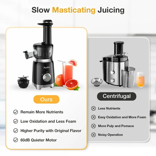Pyukix Juicer Small Masticating Juicer for Fruits and Vegetables Powerful Juice Extractor Machine Compact Size and Space-Saving (Updated)