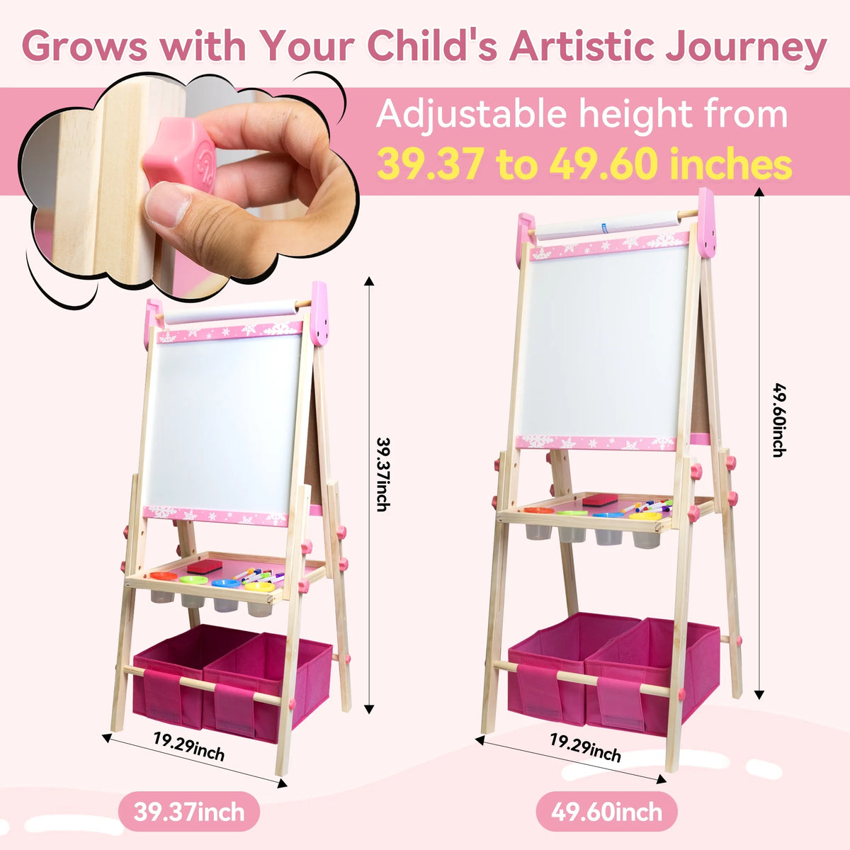 SaveJoy Kids Art Easel 3-in-1 Wooden Double Sided ,Magnetic Whiteboard, Adjustable Standing Drawing Board with Accessories for Boys & Girls,Pink