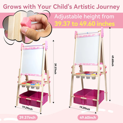 SaveJoy Kids Art Easel 3-in-1 Wooden Double Sided ,Magnetic Whiteboard, Adjustable Standing Drawing Board with Accessories for Boys & Girls,Pink