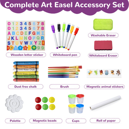 SaveJoy Kids Art Easel, Wooden 3-in-1 Double-Sided Adjustable Easel with Accessories, Purple, Ages 3+