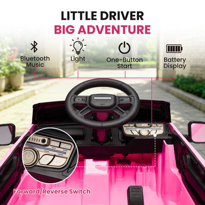 SaveJoy 12V Licensed Land Rover Defender Ride on Car, Electric Truck for Kids with 2.4G Remote Control, 3-Point Belt, Spring Suspension, Bluetooth, Pink