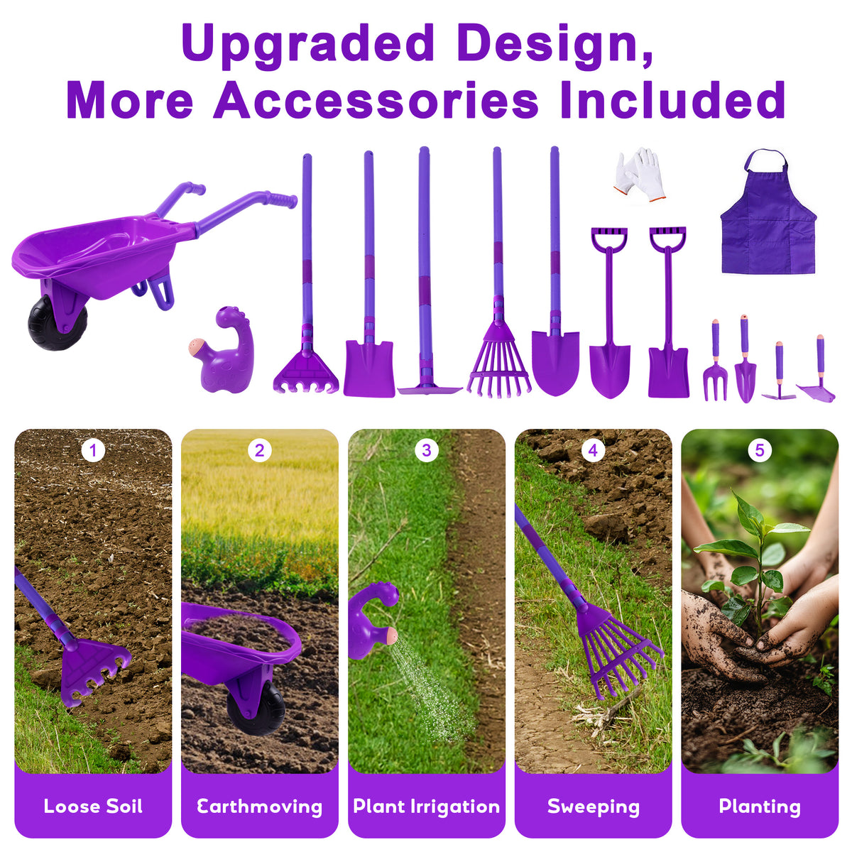 SaveJoy Kids Gardening Tools Set,Toddler Garden Outdoor Toys,Kids Wheelbarrow with Watering Can,Shovel,Rake,Hoe,outdoor toys for kids Age 4-8,Purle