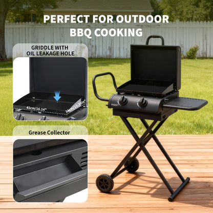 Hvoonc Portable Propane Gas Grill,17000BTUs Foldable Barbecue Grill with 2-Burner,Outdoor Grill for Backyard, Camping and Picnics,Black