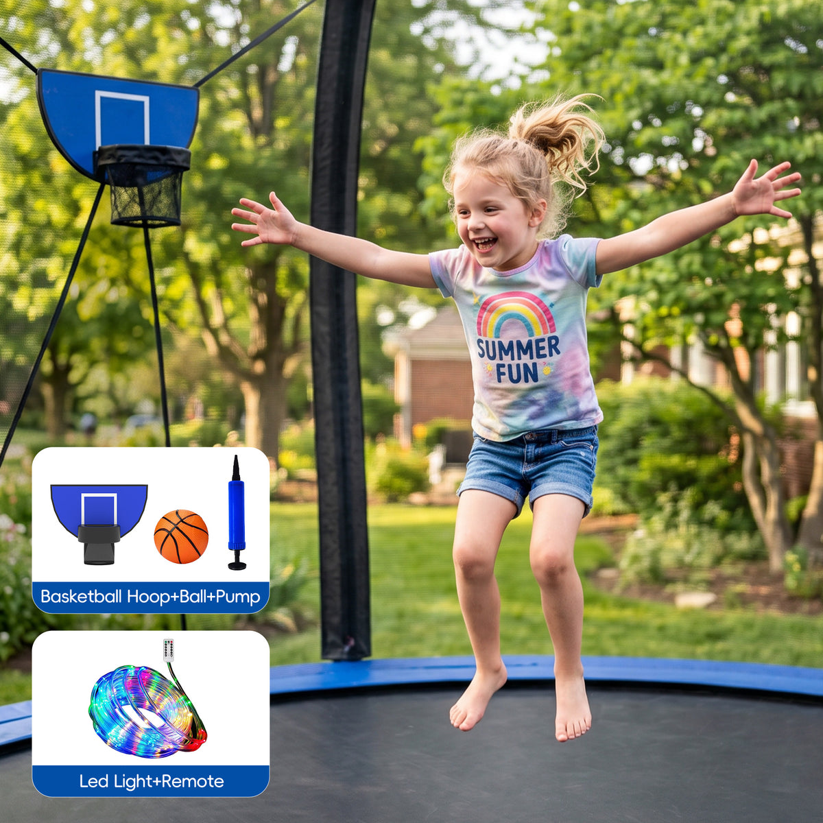 SaveJoy 8FT Trampolines for Kids with Safety Enclosure, Basketball Hoop & Lights, Kids Trampoline Indoor & Outdoor