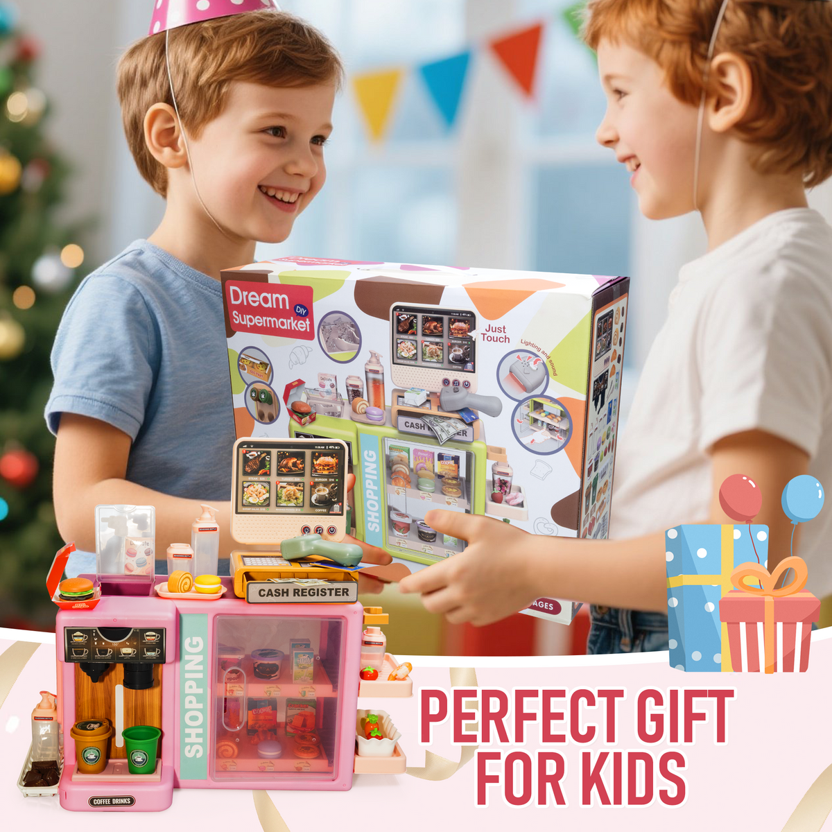 SaveJoy Cash Registers for Kids, 54Pcs Pretend Play Toys for Girls Age 3-6, Check Out Toy Cash Register, Pink