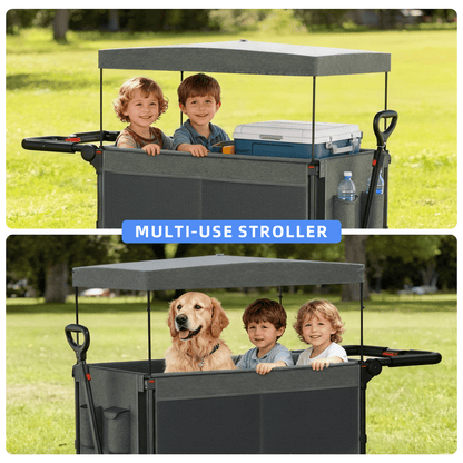 SaveJoy Wagon Stroller, Collapsible Stroller Wagon for 4 Passenger with Adjustable Canopy & 5-Point Harness, Black