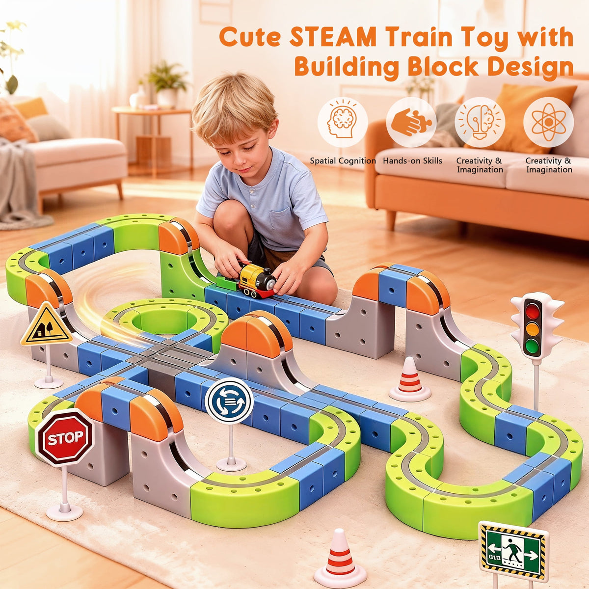 SaveJoy Magnetic Car Toys, 126PCS DIY Race Car Track Building Kit with Electric Train & Traffic Signs,Educational Flexible Tracks Birthday for 3-8