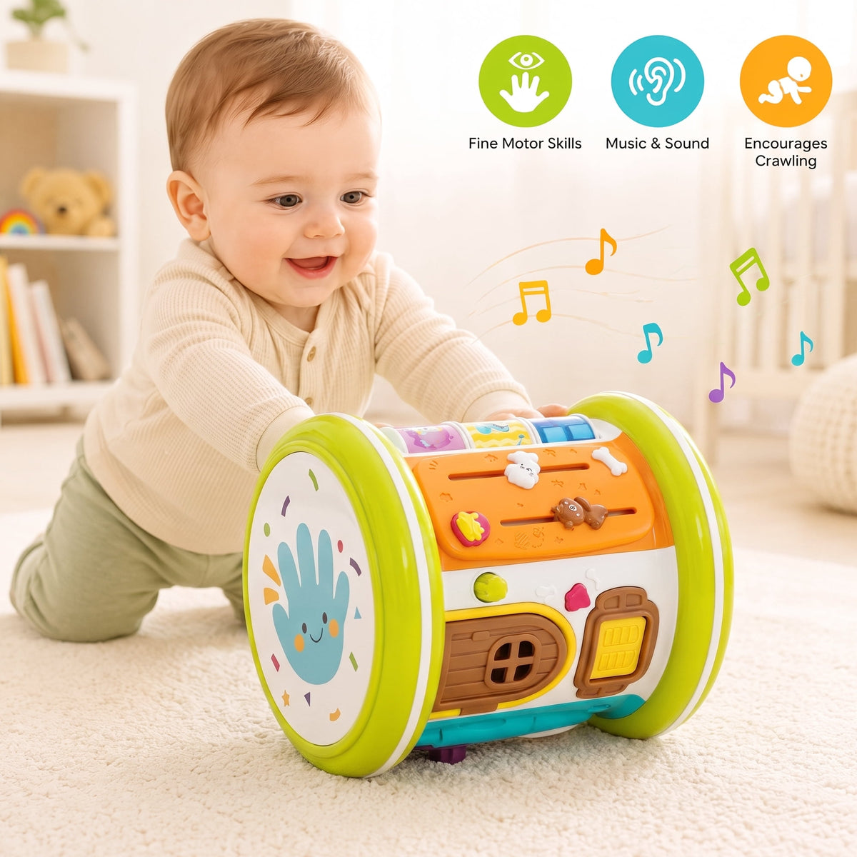 SaveJoy 6-in-1 Musical Activity Drum, Rolling Sensory Toy with Light-Up Hand Drum & Shape Sorter, Montessori Early Learning Gift for Toddlers 1-3