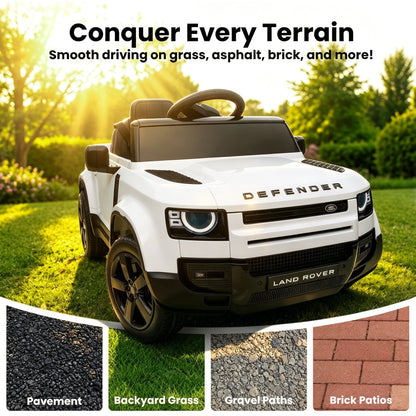 SaveJoy 12V Licensed Land Rover Defender Ride on Car, Electric Truck for Kids with 2.4G Remote Control, 3-Point Belt, Spring Suspension, Bluetooth, White