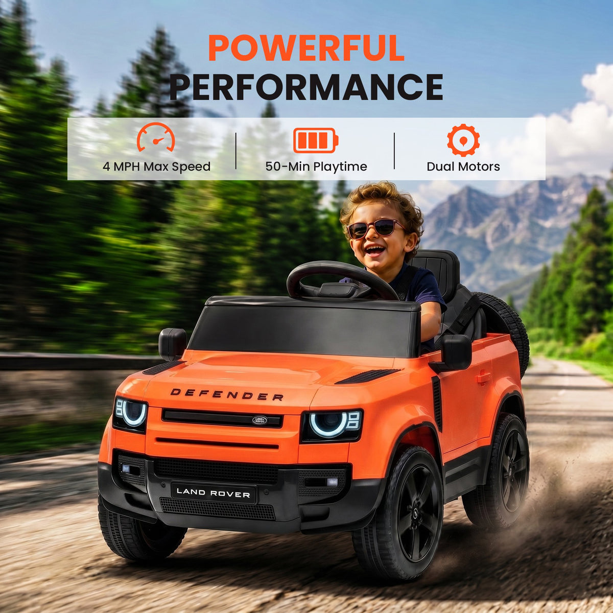 SaveJoy 12V Licensed Land Rover Defender Ride on Car, Electric Truck for Kids with 2.4G Remote Control, 3-Point Belt, Spring Suspension, Bluetooth, Orange