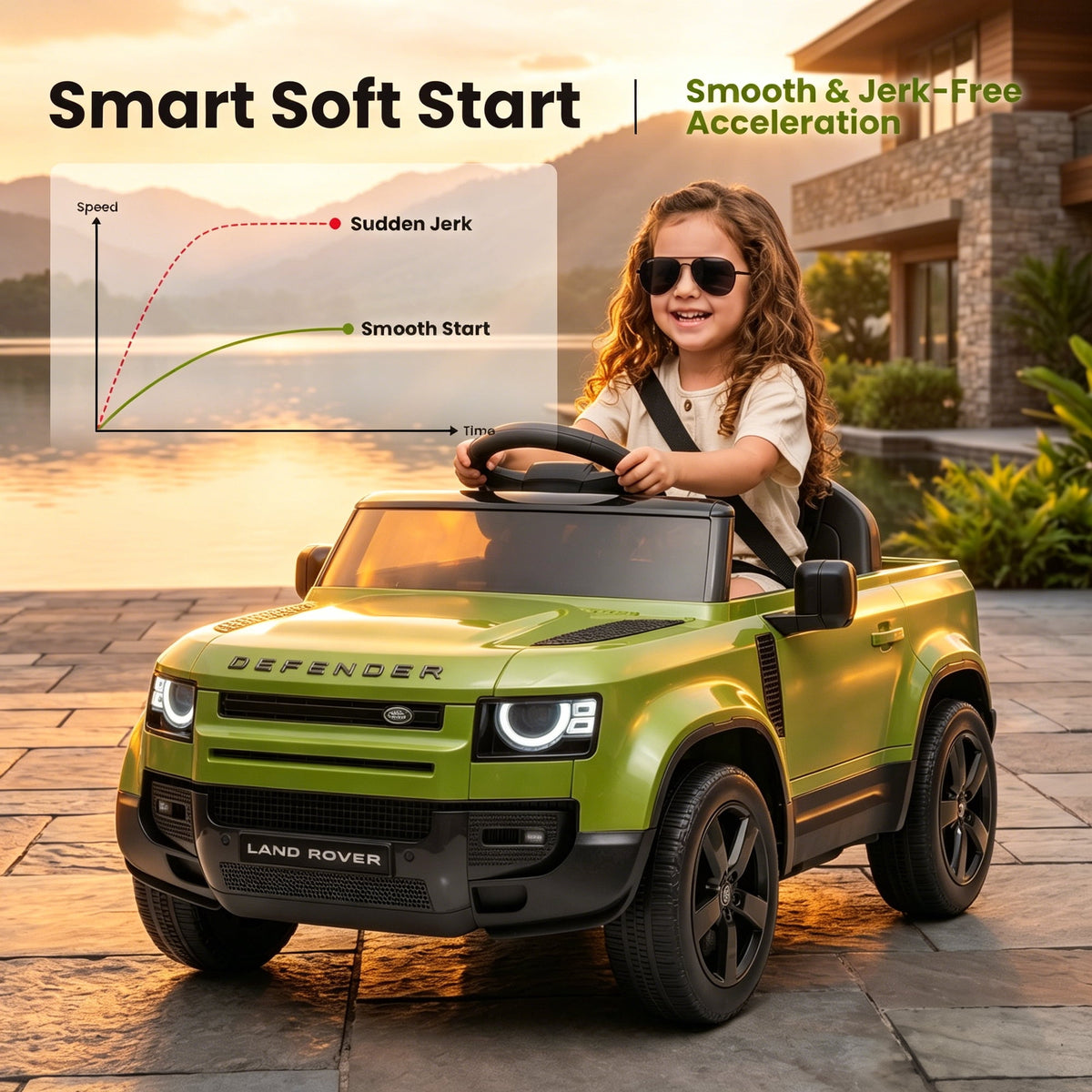 SaveJoy 12V Licensed Land Rover Defender Ride on Car, Electric Truck for Kids with 2.4G Remote Control, 3-Point Belt, Spring Suspension, Bluetooth, Green