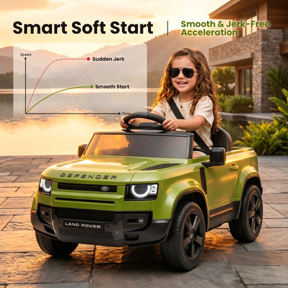SaveJoy 12V Licensed Land Rover Defender Ride on Car, Electric Truck for Kids with 2.4G Remote Control, 3-Point Belt, Spring Suspension, Bluetooth, Green