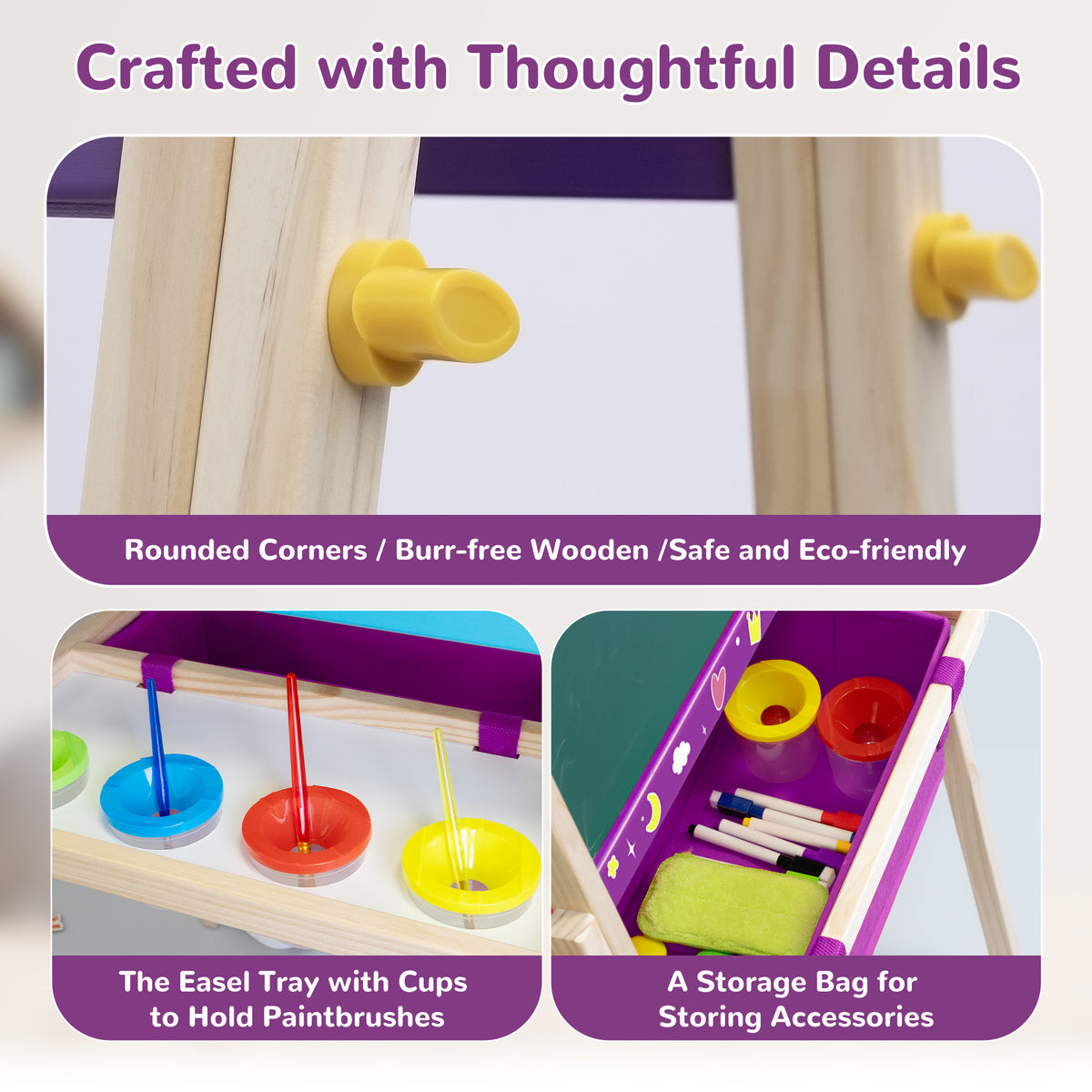SaveJoy Kids Art Easel, Wooden 3-in-1 Double-Sided Adjustable Easel with Accessories, Purple, Ages 3+