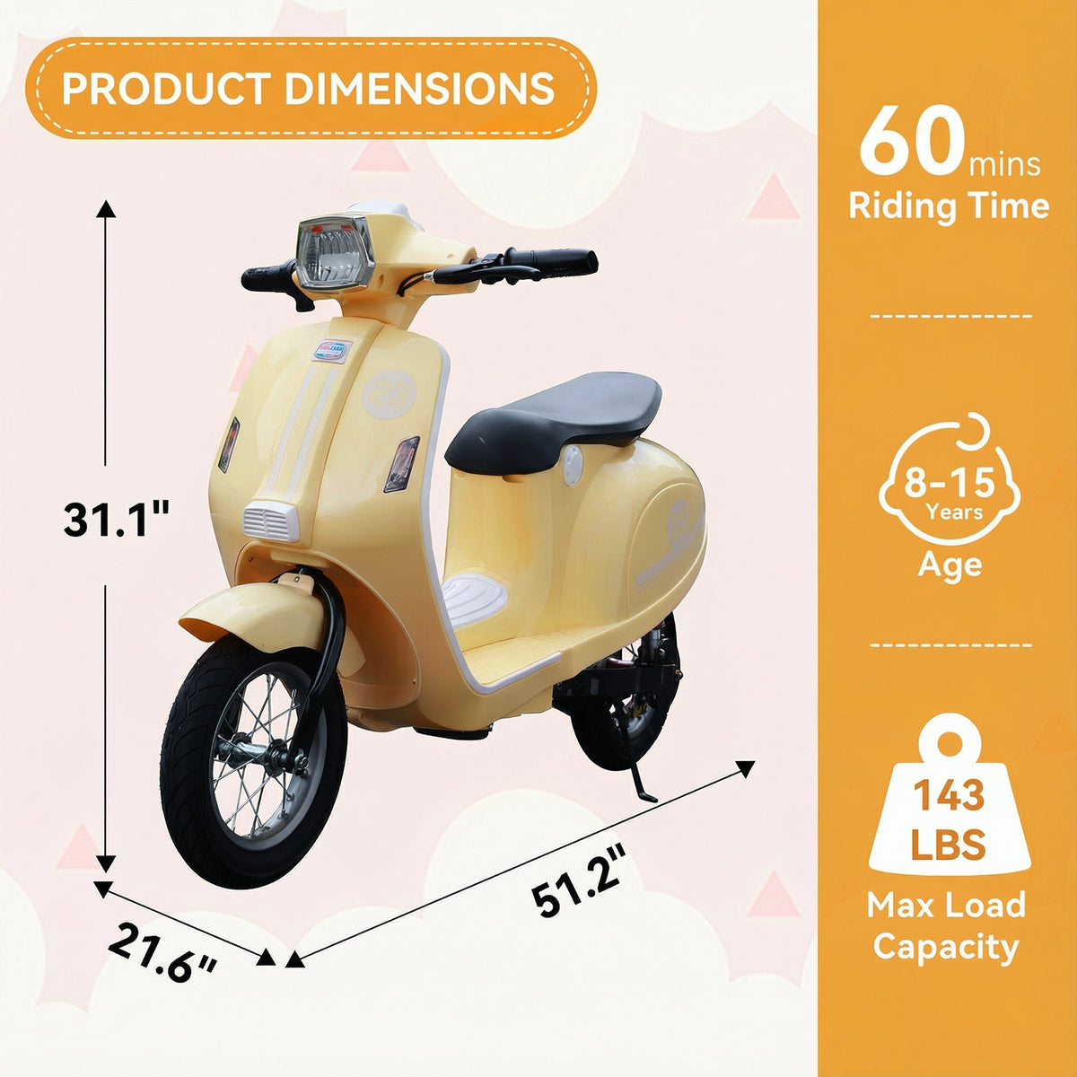 SaveJoy 24V Motorcycle for Kids Ages 8+ Retro Ride on Toys , LED Light-Up Electric Ride On Car,Durable Outdoor Gift for Boys & Girls, Beige