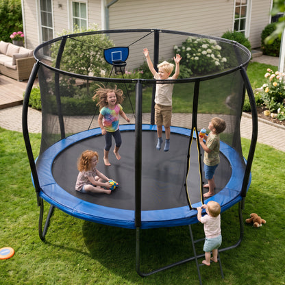 SaveJoy 8FT Trampolines for Kids with Safety Enclosure, Basketball Hoop & Lights, Kids Trampoline Indoor & Outdoor