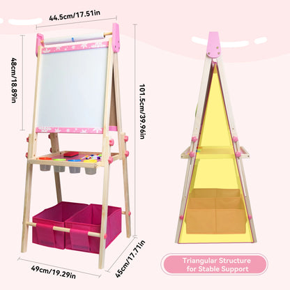 SaveJoy Kids Art Easel 3-in-1 Wooden Double Sided ,Magnetic Whiteboard, Adjustable Standing Drawing Board with Accessories for Boys & Girls,Pink