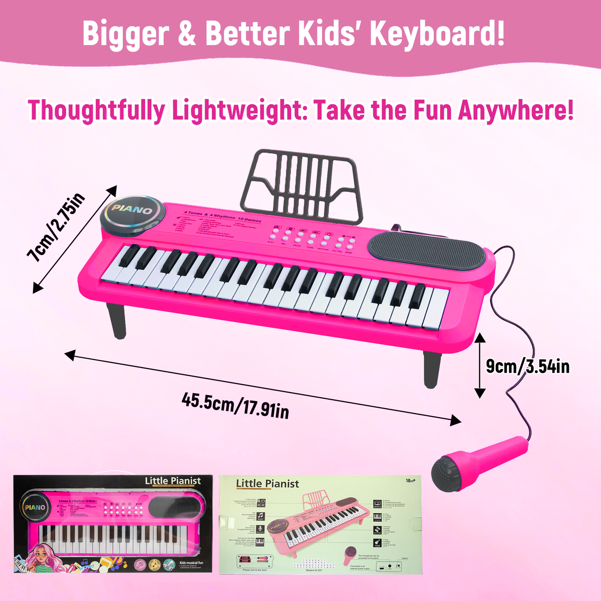 SaveJoy Rose Pink Piano for 1-4 Year Old Kids, 37 Keys Electronic Keyboard Music Toy with Microphone & Stand, Portable Musical Gift for Toddlers