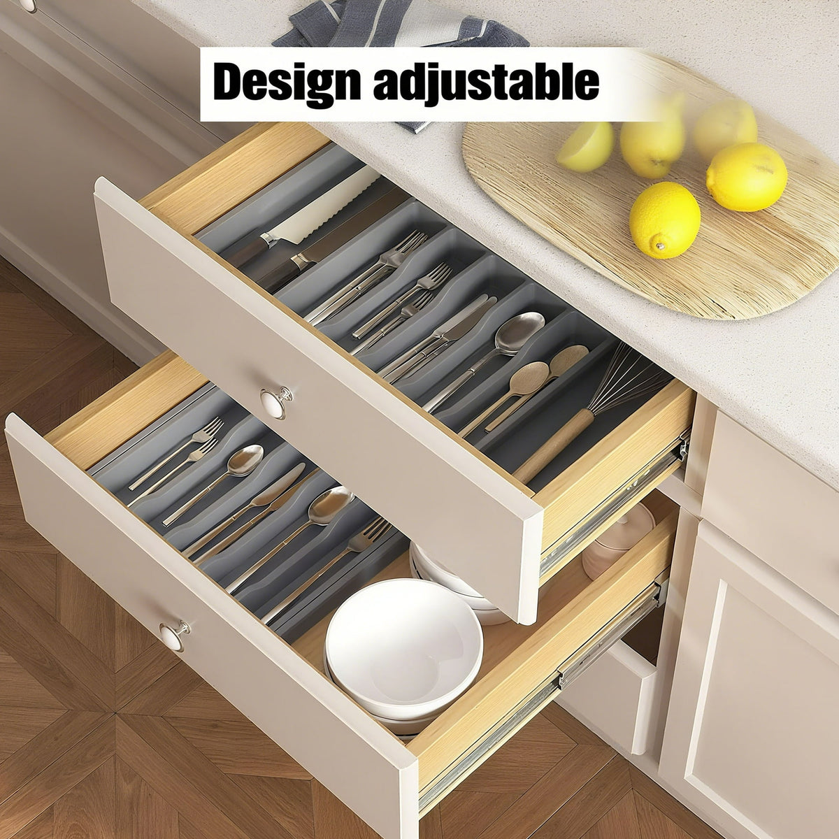 ORFELD Extendable Utensil Tray for Drawer,Multipurpose Kitchen Organizers and Storage Solution，Adjustable BPA-Free Cutlery Holder for Spoons, Forks, Grey