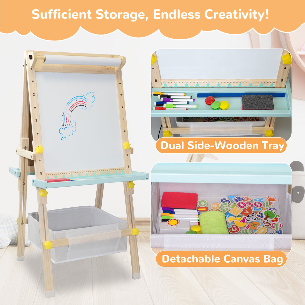 SaveJoy Kids Art Easel with Paper Roll,Double-Sided Adjustable Standing Drawing Board with Accessories Toddlers Easel