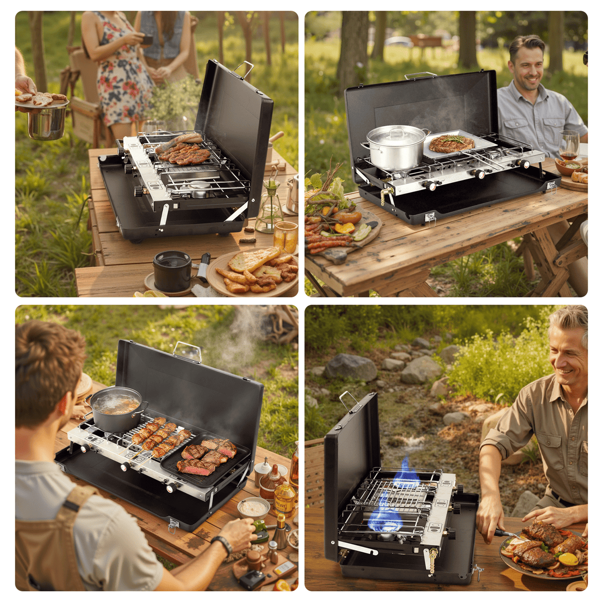 SaveJoy Gas Grill, 3 Burner Camping Stove Propane Cooker for Outdoor, Case BBQ Grill w/ Hose Tank Adapter