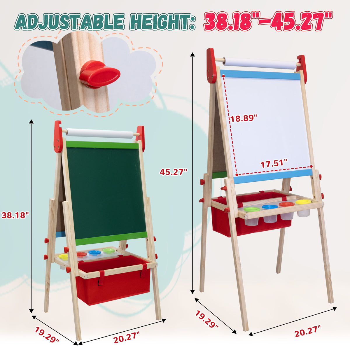 SaveJoy 3-in-1 Wooden Double Sided Kids Art Easel,Adjustable Standing Drawing Board with Accessories for Boys & Girls,Red