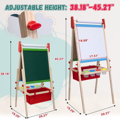 SaveJoy 3-in-1 Wooden Double Sided Kids Art Easel,Adjustable Standing Drawing Board with Accessories for Boys & Girls,Red