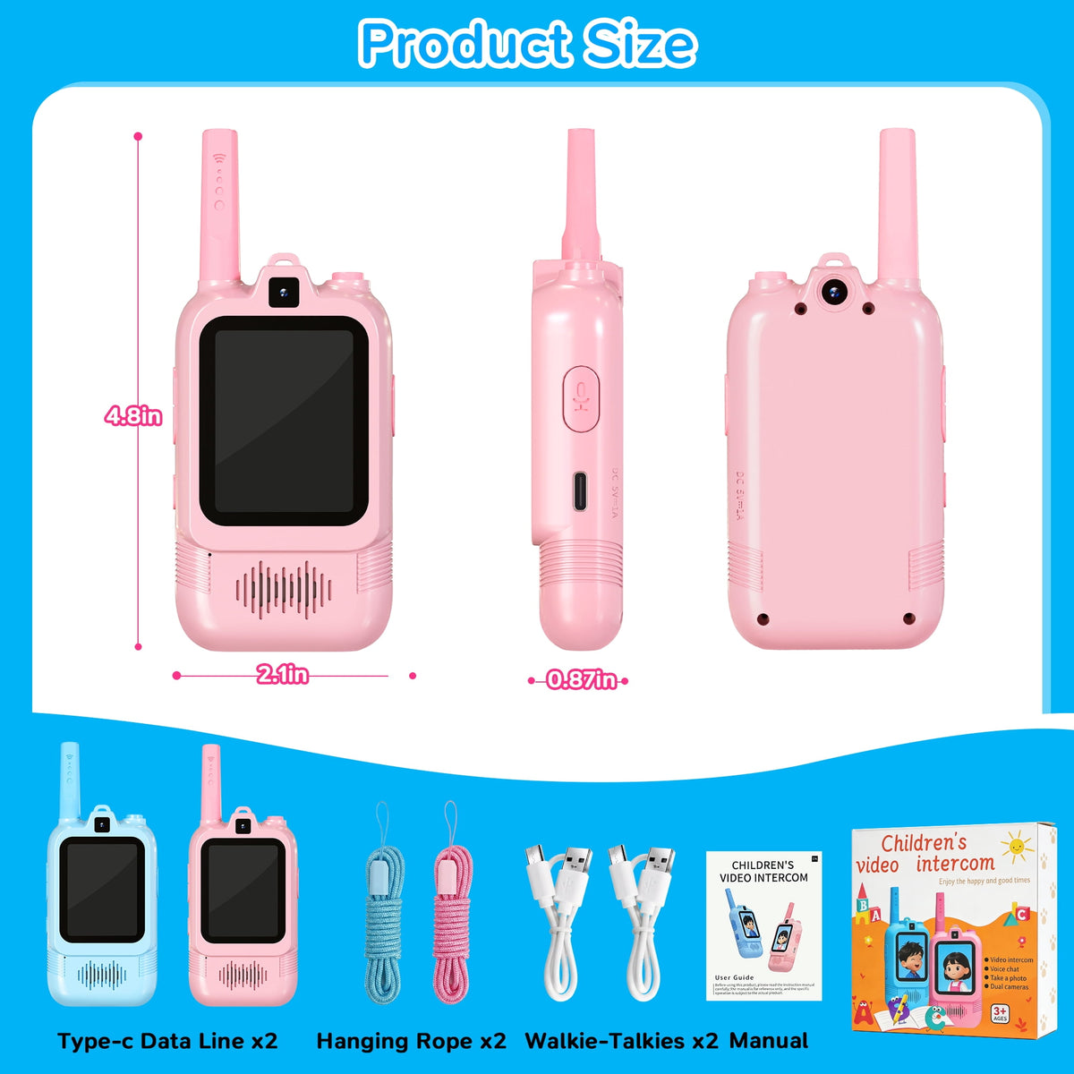 SaveJoy Video Walkie Talkie Toys for Kids,2 Pack Rechargeable Video Intercom with Switchable Dual Cameras,Long Range,Interactive Chat with Photos, Music & Voice Message for Boys Girls Ages 3-12